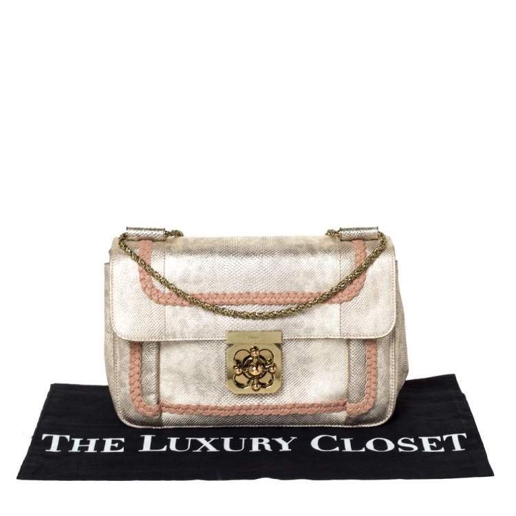 Pre Owned Chloe Gold Lizard Effect Leather Medium Braided Detail Elsie Shoulder Bag