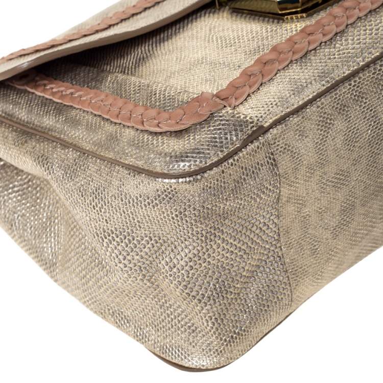 Pre Owned Chloe Gold Lizard Effect Leather Medium Braided Detail Elsie Shoulder Bag