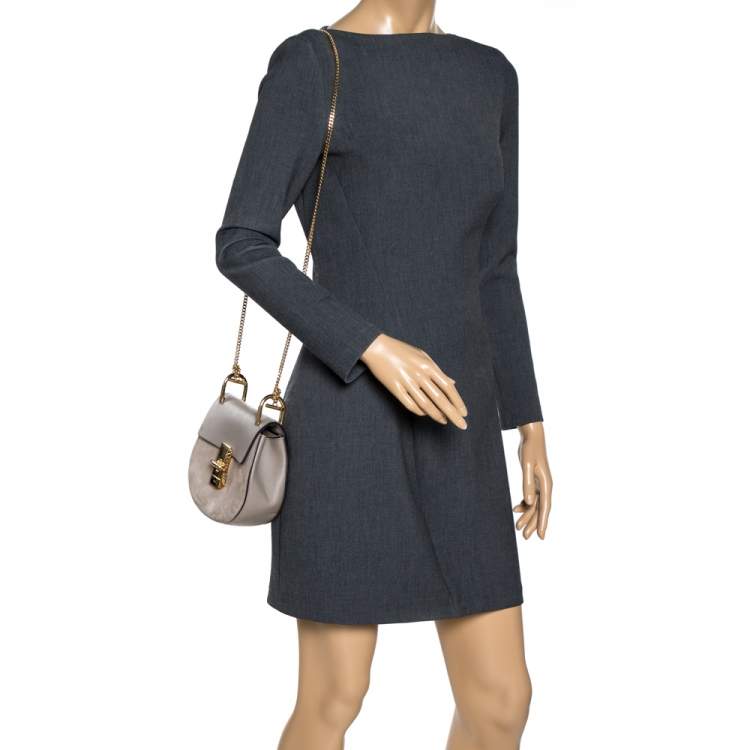 Pre Owned Chloe Taupe Leather and Suede Small Drew Shoulder Bag