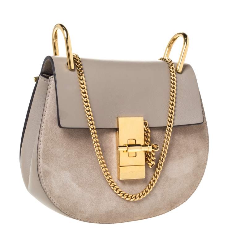 Pre Owned Chloe Taupe Leather and Suede Small Drew Shoulder Bag