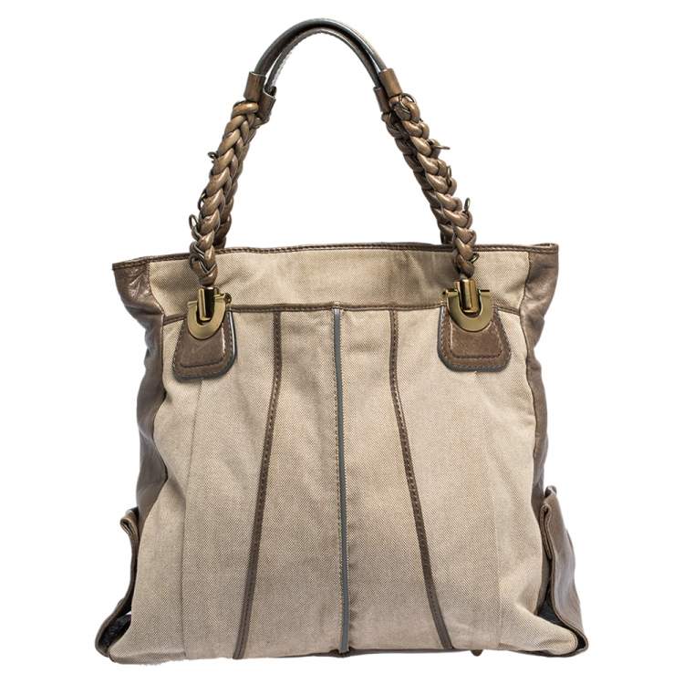 Pre Owned Chloe Beige Canvas and Leather Large Heloise Shoulder Bag