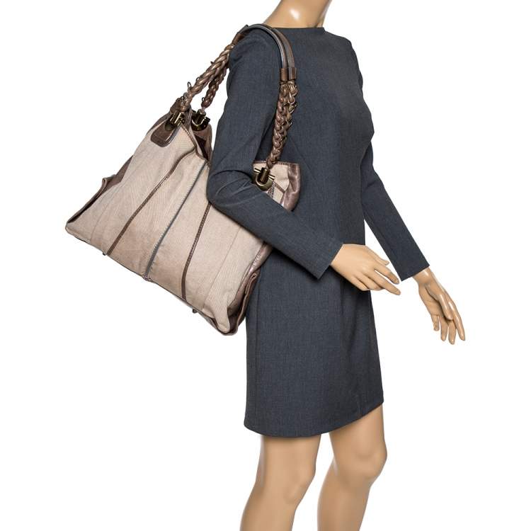 Pre Owned Chloe Beige Canvas and Leather Large Heloise Shoulder Bag