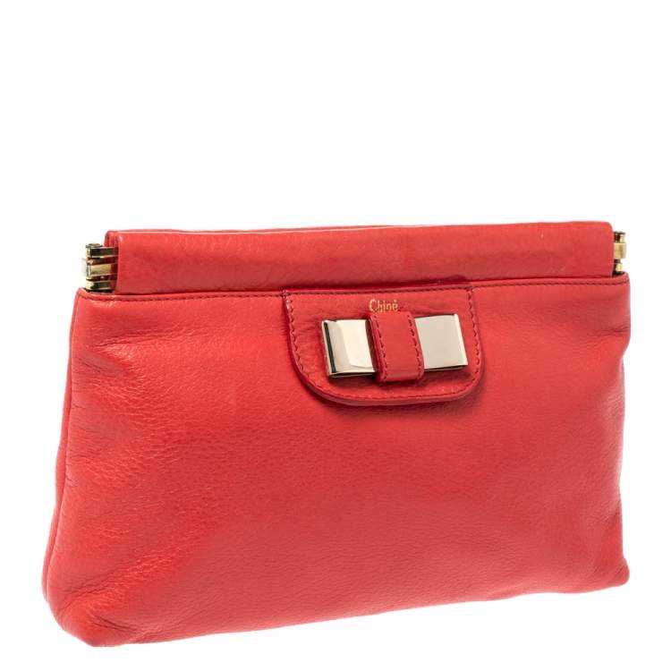 Pre Owned Chloe Coral Orange Leather Bow Clutch