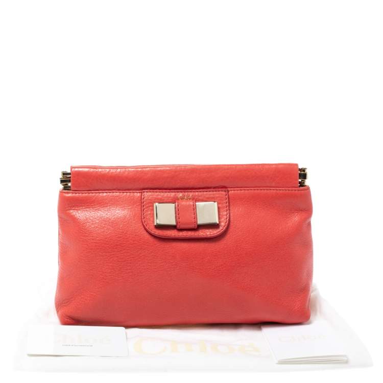 Pre Owned Chloe Coral Orange Leather Bow Clutch