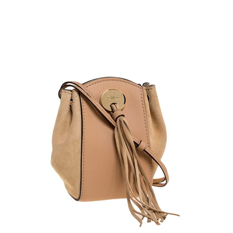 Pre Owned Chloe Beige Leather and Suede  Mini Sac Fringe Shoulder Bag