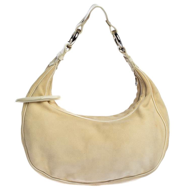 Pre Owned Chloe Light Beige Canvas and Leather Crystal Embellished Crescent Hobo