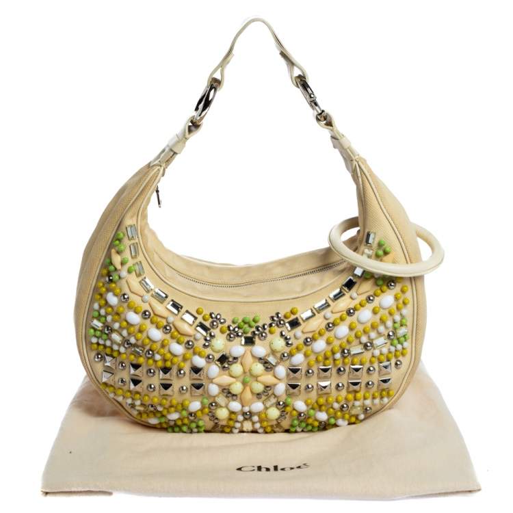 Pre Owned Chloe Light Beige Canvas and Leather Crystal Embellished Crescent Hobo