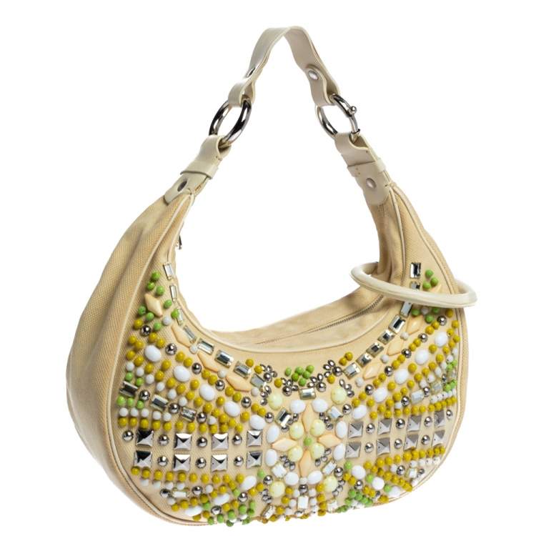 Pre Owned Chloe Light Beige Canvas and Leather Crystal Embellished Crescent Hobo