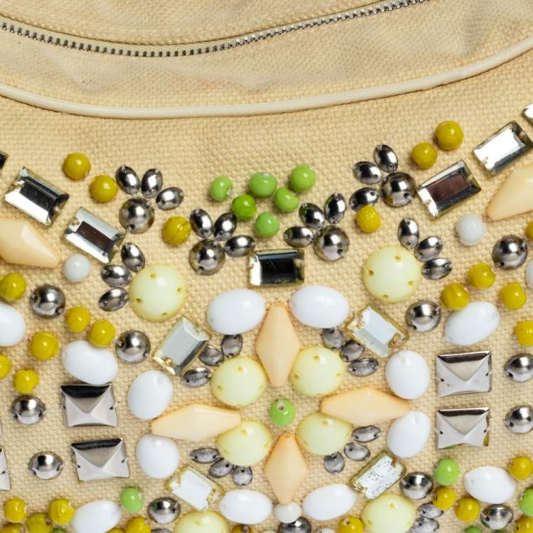 Pre Owned Chloe Light Beige Canvas and Leather Crystal Embellished Crescent Hobo