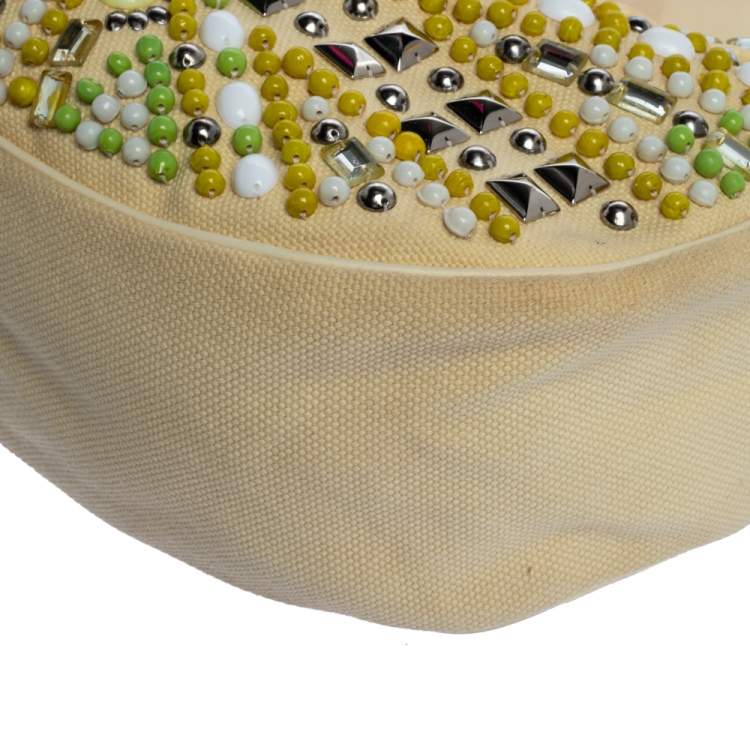 Pre Owned Chloe Light Beige Canvas and Leather Crystal Embellished Crescent Hobo