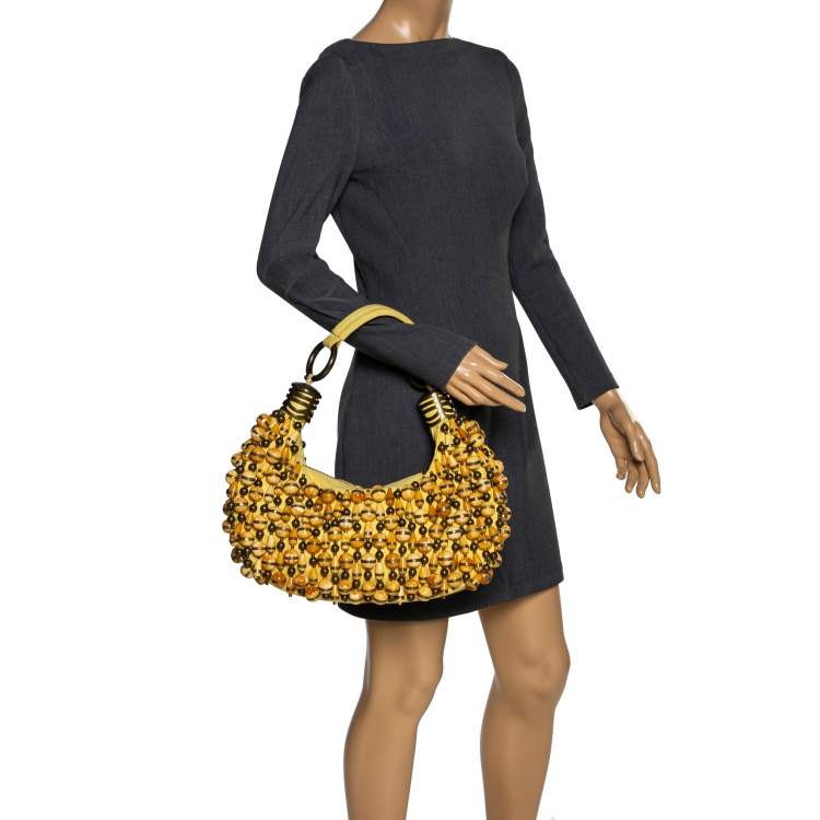 Pre Owned Chloe Yellow Beaded Fabric Crescent Hobo