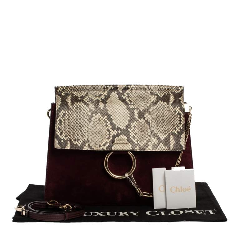 Pre Owned Chloe Burgundy Leather, Suede and Python Medium Faye Shoulder Bag