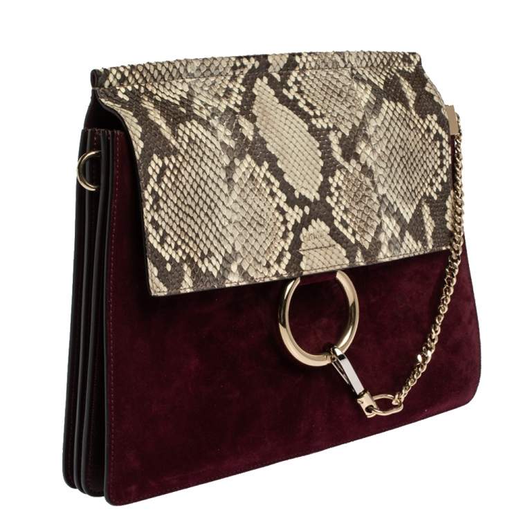 Pre Owned Chloe Burgundy Leather, Suede and Python Medium Faye Shoulder Bag