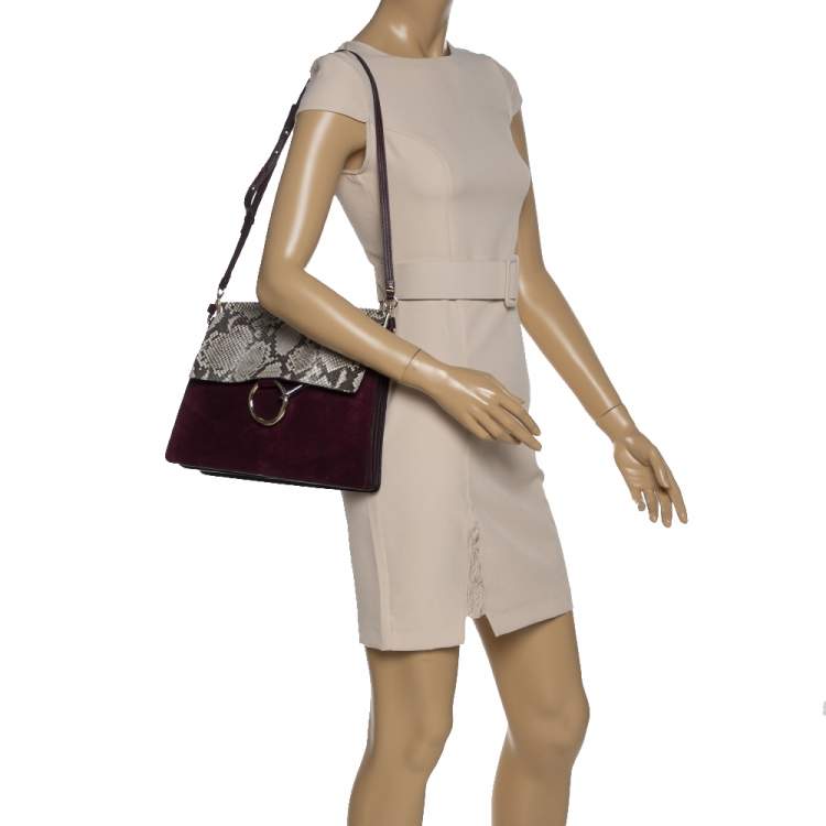 Pre Owned Chloe Burgundy Leather, Suede and Python Medium Faye Shoulder Bag