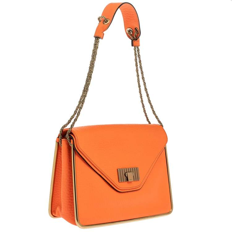 Pre Owned Chloe Neon Orange Leather Medium Sally Flap Shoulder Bag