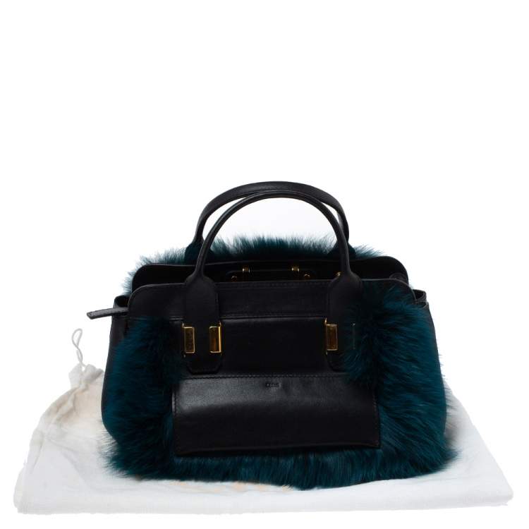 Pre Owned Chloe Black/Teal Leather and Faux Fur Alice Tote