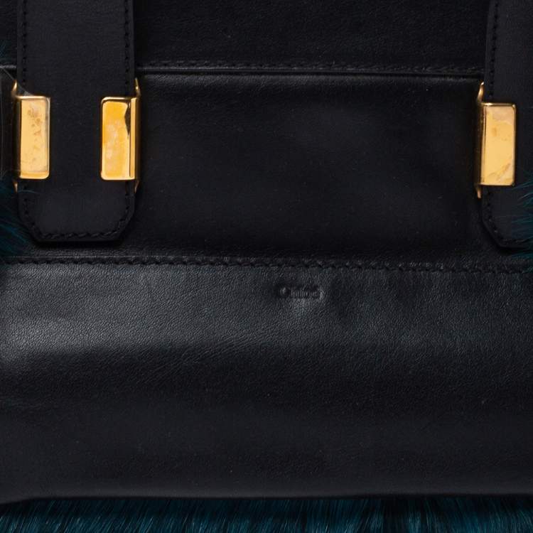 Pre Owned Chloe Black/Teal Leather and Faux Fur Alice Tote