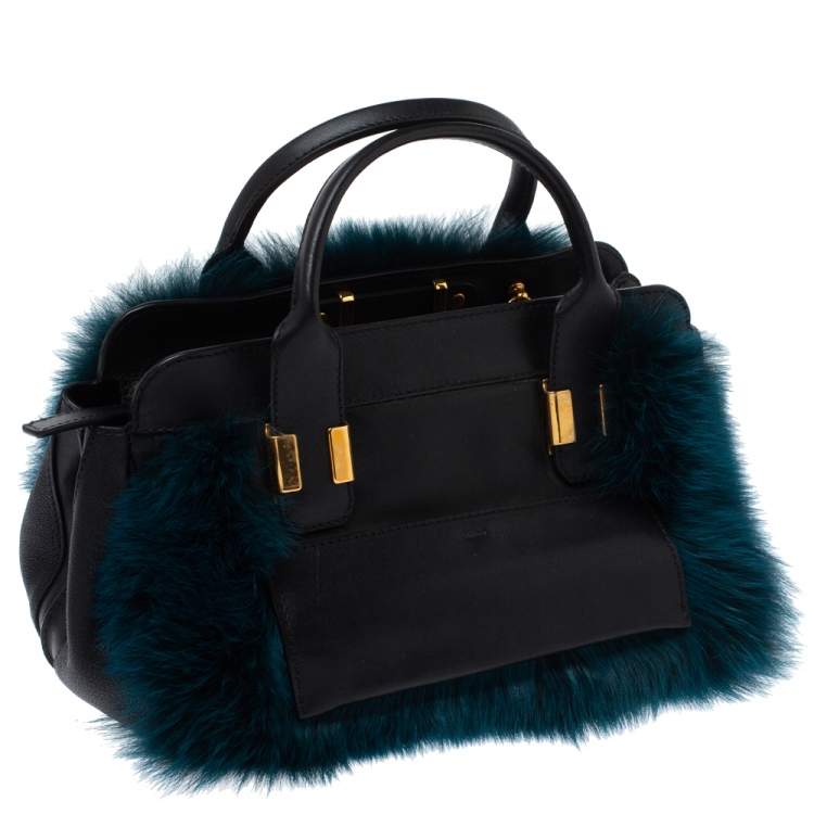 Pre Owned Chloe Black/Teal Leather and Faux Fur Alice Tote