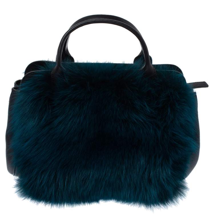 Pre Owned Chloe Black/Teal Leather and Faux Fur Alice Tote