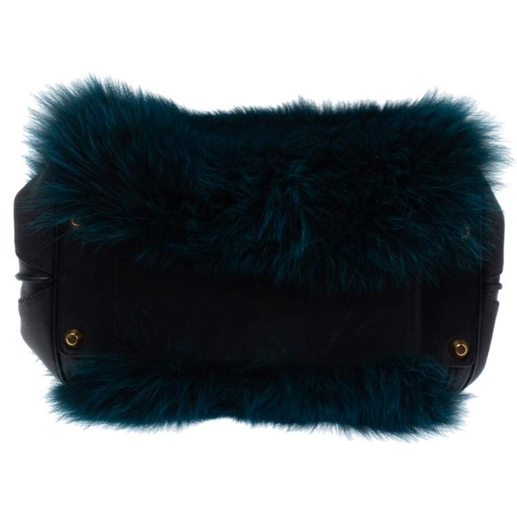 Pre Owned Chloe Black/Teal Leather and Faux Fur Alice Tote
