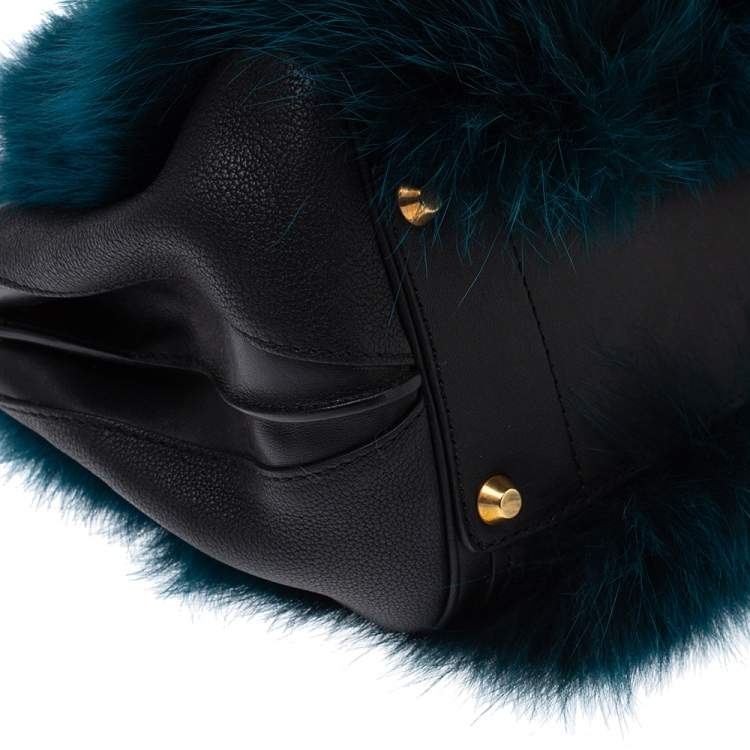 Pre Owned Chloe Black/Teal Leather and Faux Fur Alice Tote