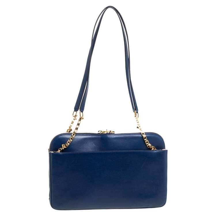 Pre Owned Chloe Navy Blue Leather Side Pocket Chain Shoulder Bag
