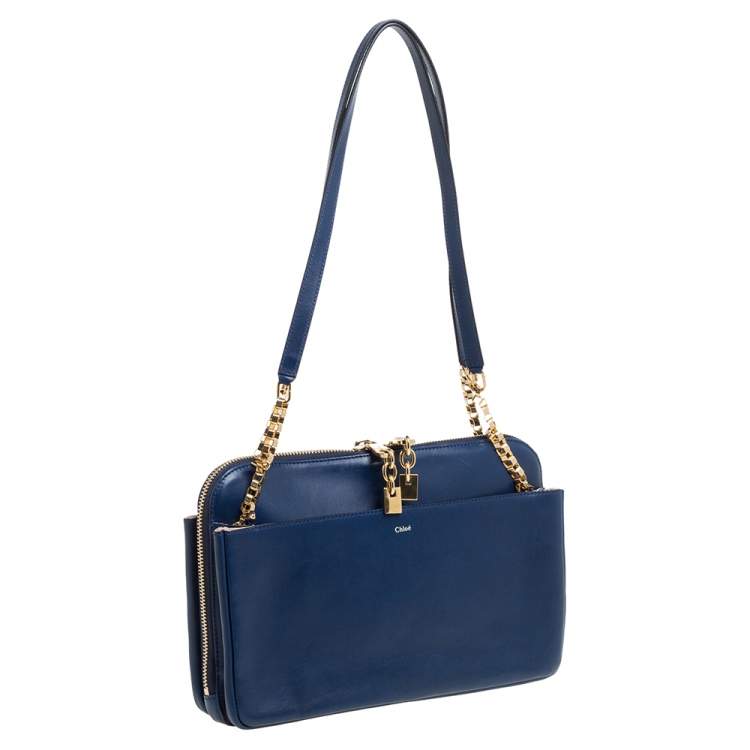 Pre Owned Chloe Navy Blue Leather Side Pocket Chain Shoulder Bag