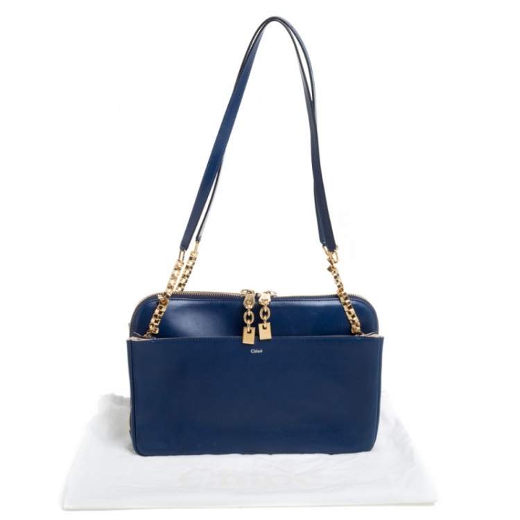 Pre Owned Chloe Navy Blue Leather Side Pocket Chain Shoulder Bag