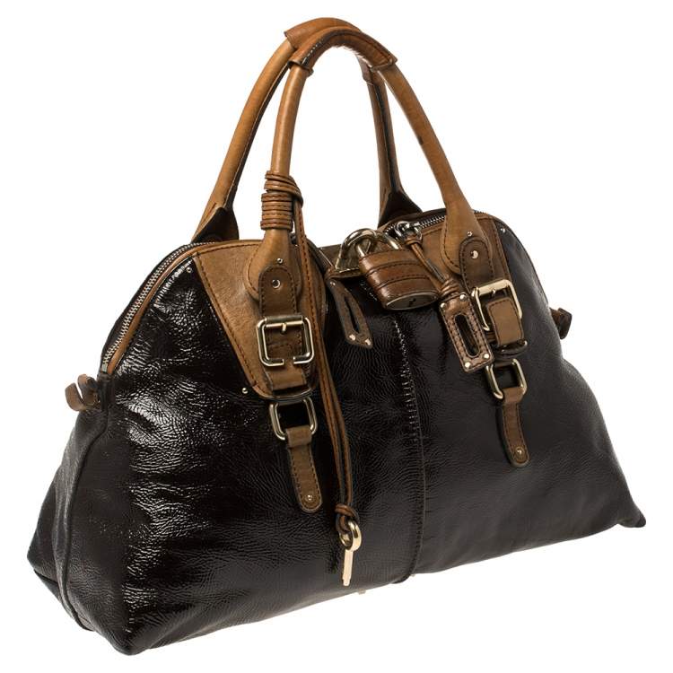 Pre Owned Chloe Dark Brown/Brown Patent Leather Paddington Dome Satchel 