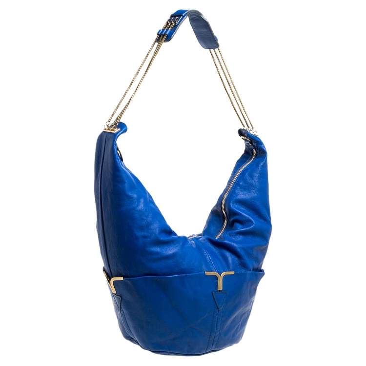 Pre Owned Chloe Blue Leather Milton Triple Chain Hobo 