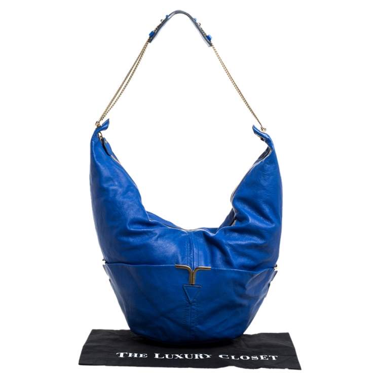 Pre Owned Chloe Blue Leather Milton Triple Chain Hobo 