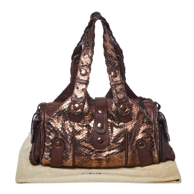 Pre Owned Chloe Brown/Rose Gold Python and Leather Silverado Satchel