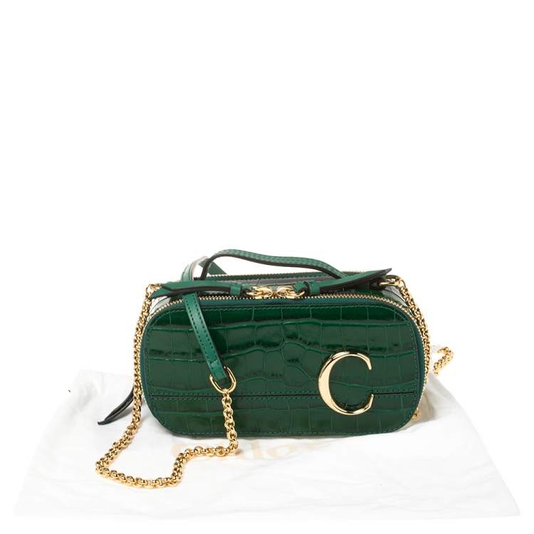 Pre Owned Chloe Green Croc Embossed Leather Mini C Vanity Shoulder Bag