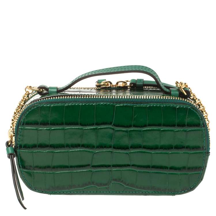 Pre Owned Chloe Green Croc Embossed Leather Mini C Vanity Shoulder Bag