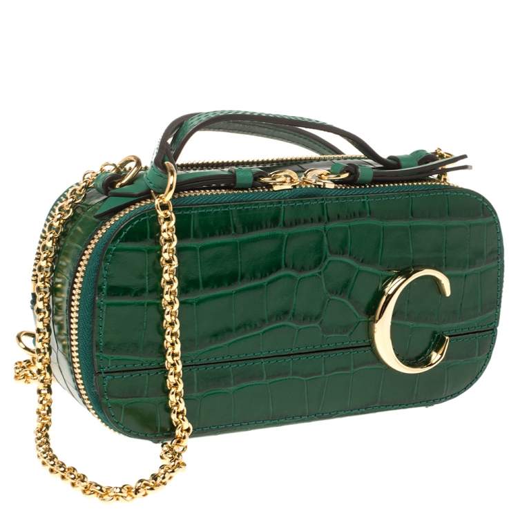 Pre Owned Chloe Green Croc Embossed Leather Mini C Vanity Shoulder Bag