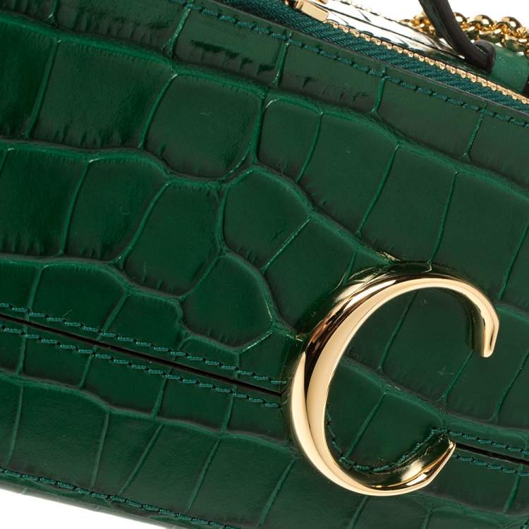 Pre Owned Chloe Green Croc Embossed Leather Mini C Vanity Shoulder Bag