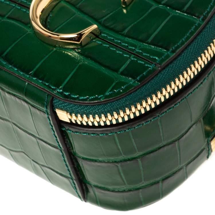 Pre Owned Chloe Green Croc Embossed Leather Mini C Vanity Shoulder Bag