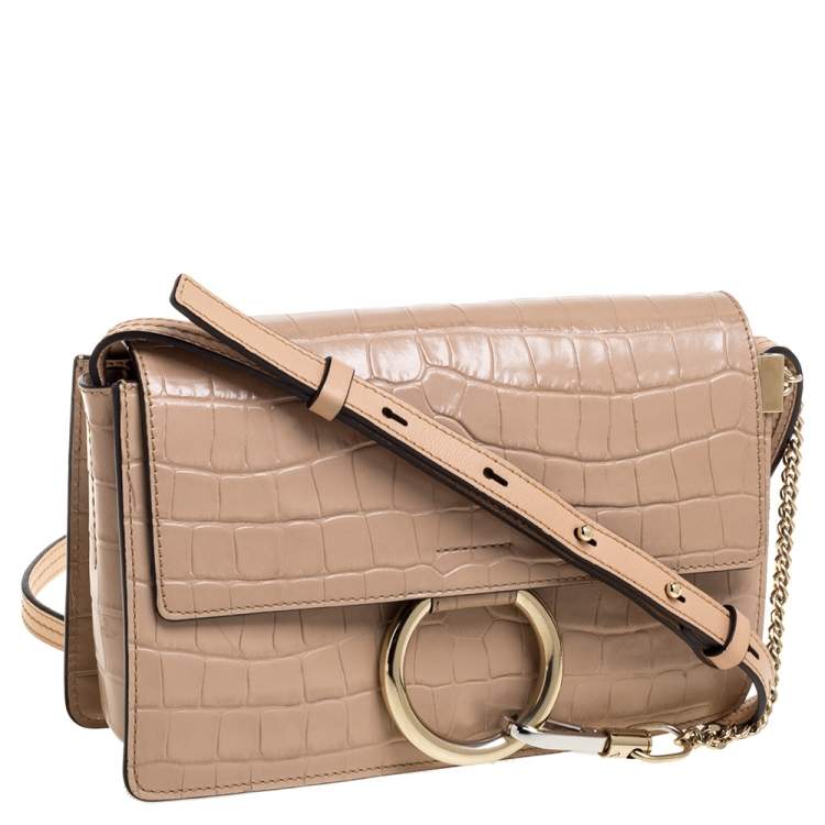 Pre Owned Chloe Beige Croc Embossed Leather Small Faye Shoulder Bag