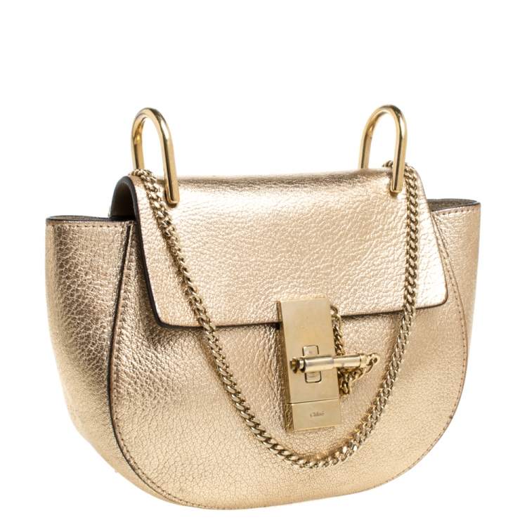 Pre Owned Chloe Metallic Gold Leather Mini Drew Shoulder Bag