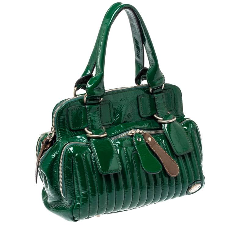 Pre Owned Chloe Green Patent Leather Double Zip Pocket Satchel