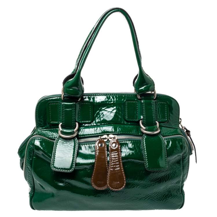 Pre Owned Chloe Green Patent Leather Double Zip Pocket Satchel