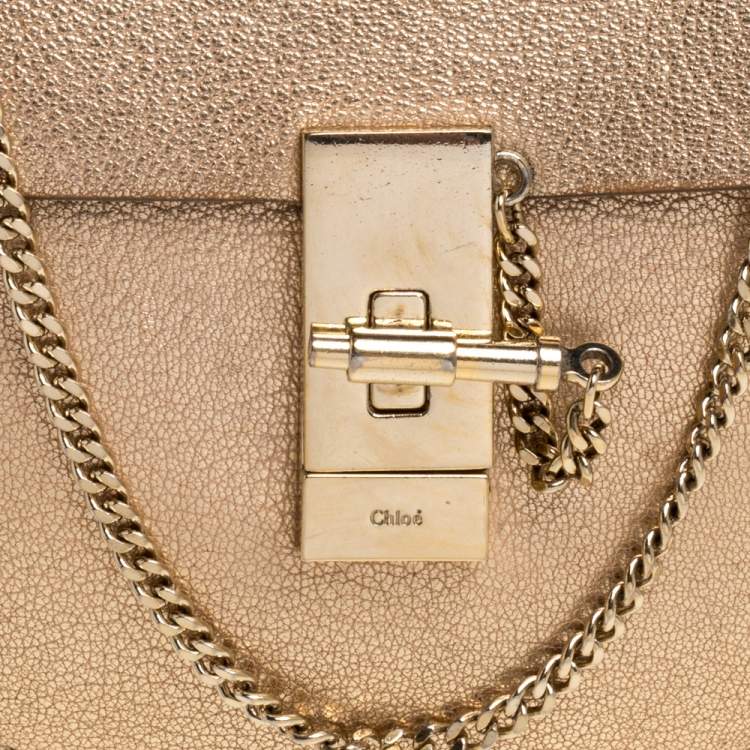 Pre Owned Chloé Metallic Gold Leather Small Drew Shoulder Bag