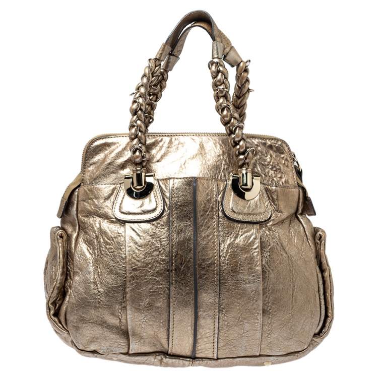 Pre Owned Chloe Gold Textured Leather Heloise Satchel