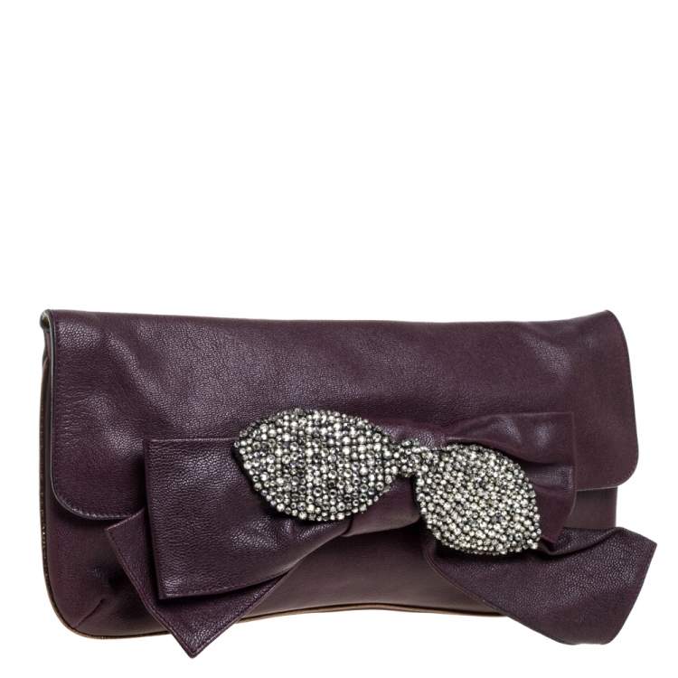 Pre Owned Chloe Burgundy Leather Bow Crystal Embellished Clutch
