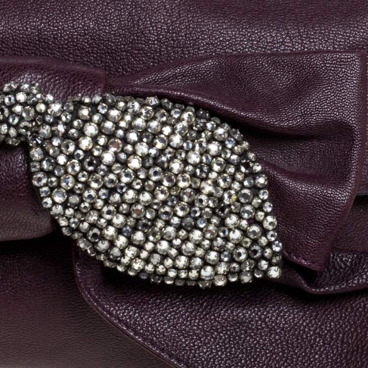 Pre Owned Chloe Burgundy Leather Bow Crystal Embellished Clutch