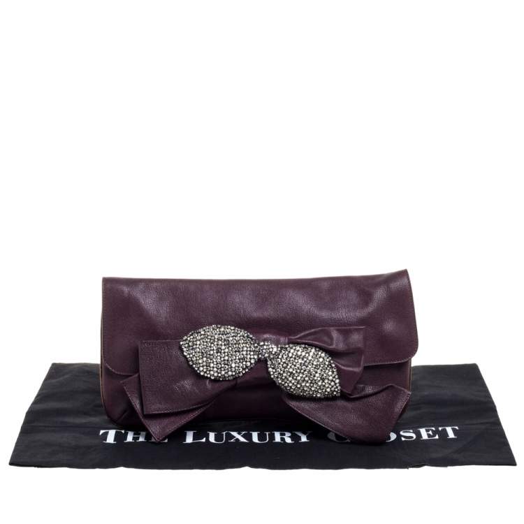 Pre Owned Chloe Burgundy Leather Bow Crystal Embellished Clutch