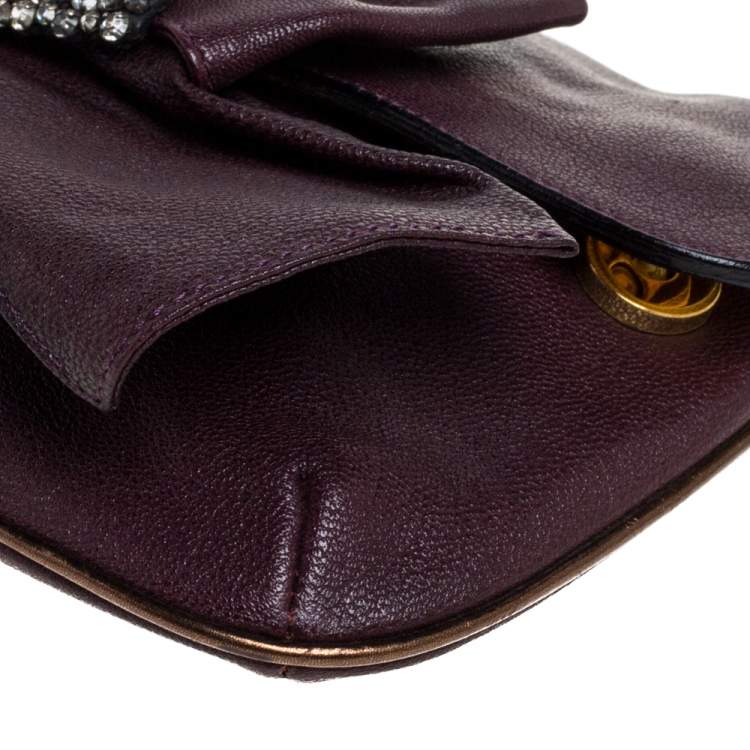 Pre Owned Chloe Burgundy Leather Bow Crystal Embellished Clutch