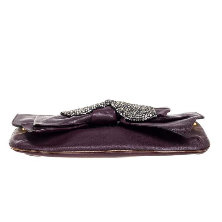 Pre Owned Chloe Burgundy Leather Bow Crystal Embellished Clutch