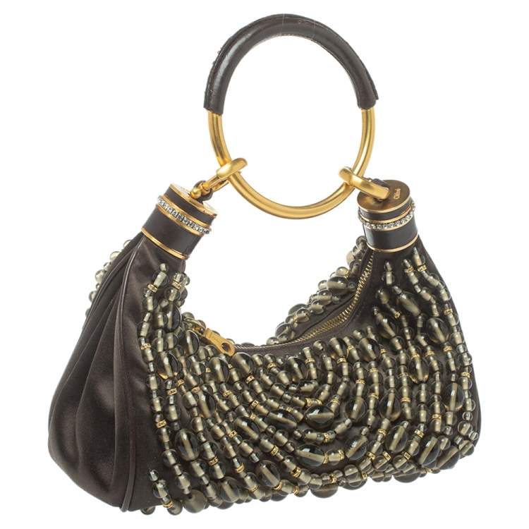 Pre Owned Chloe Dark Brown Beaded Satin Ring Handle Hobo