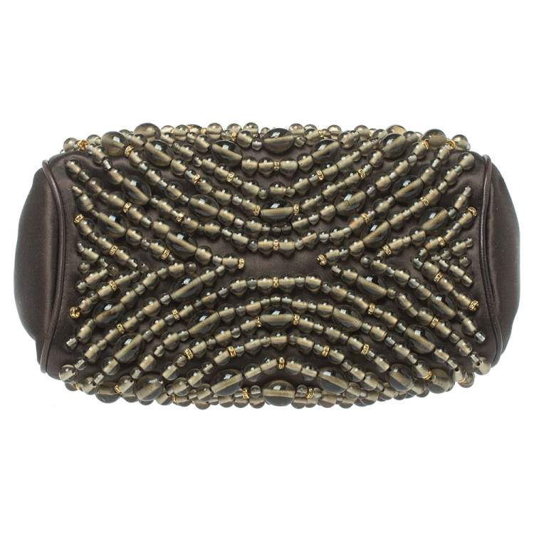 Pre Owned Chloe Dark Brown Beaded Satin Ring Handle Hobo
